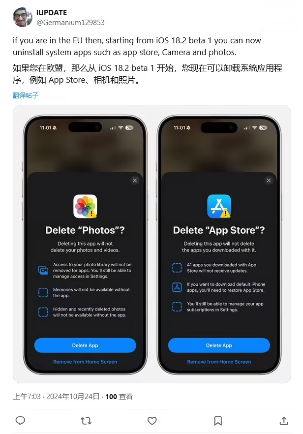 佛坪苹果手机维修分享iOS 18.2 支持删除 App Store 应用商店 