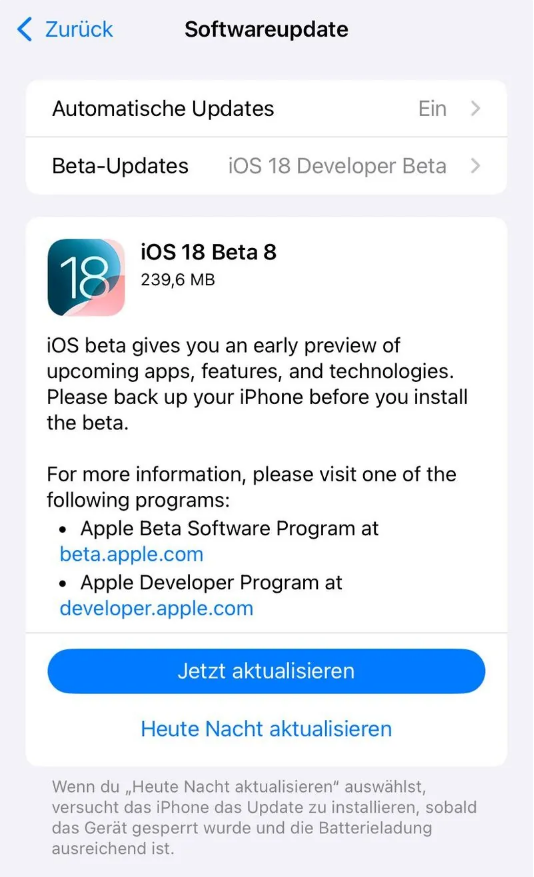 佛坪苹果手机维修分享苹果 iOS / iPadOS 18 开发者预览版 Beta 8 发布 